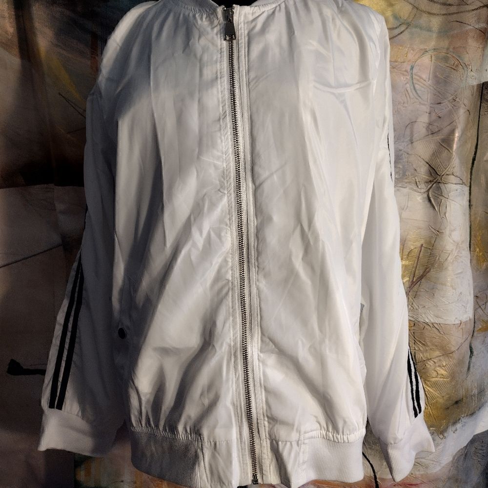 Rue 21 White Polyester Jacket, With Black Stripes On Each Arm. Size Xl